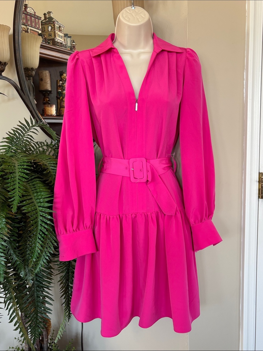 NWT Karl Lagerfeld Fuchsia Pink Long-Sleeve Belted Zip Up A-Line Dress Office